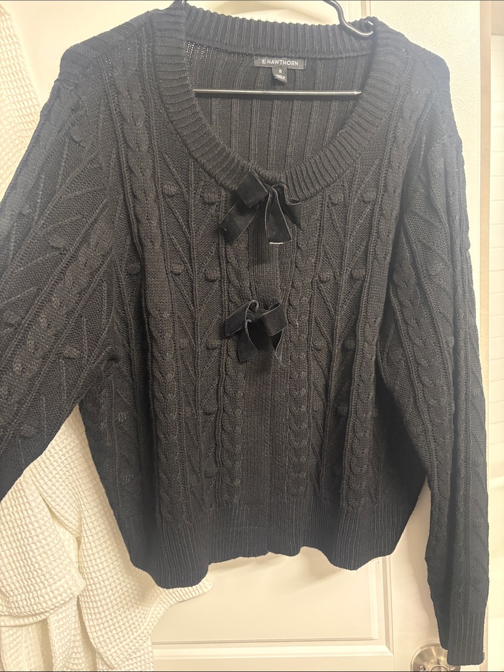 41 Hawthorn Black Cable-Knit Crewneck Sweater with Velvet Bows